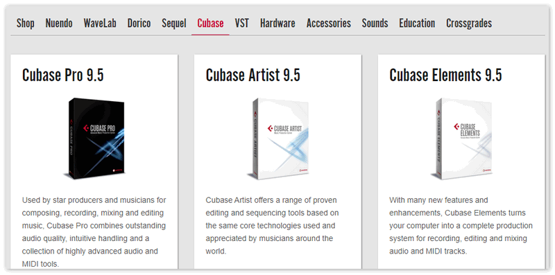 Продукты Cubase на официальном сайте программы